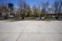 the concrete driveway of an empty park with trees and grass in front of it, on a sunny day