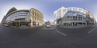 three 360 - images are showing the intersection and streets in a large city, with buildings and businesses visible