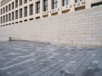 a person walking in the foreground on a stone pavement outside of a building, with a sign that reads umbold forum