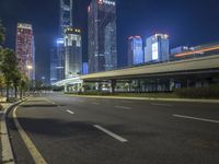 Cityscape at Night: Neon Lights and Skyscrapers