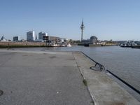 a bike leaning against an outdoor bench by a body of water with city buildings in the background