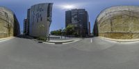 three circular shots of a city with a building behind them in the distance and on one corner