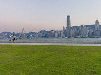 a couple of people standing in the grass near a body of water with a city skyline