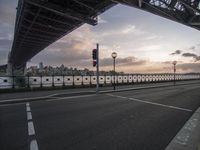 a person on the road beneath the large bridge, in front of it is a man walking beside them