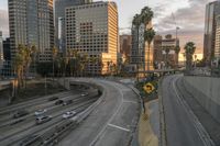 the freeway is wide and wide with tall buildings in it, near the street, trees and palm trees