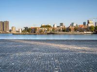 there is a woman that is standing with a skateboard by the water in the city