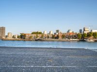 there is a woman that is standing with a skateboard by the water in the city