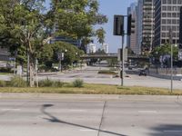 street view of a quiet city street with no traffic lights on it and tall buildings behind