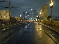 cityscape in the night, with street lights on and rain in the street