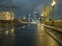 cityscape in the night, with street lights on and rain in the street