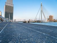 a walkway lined with brick bricks next to a body of water and tall buildings in the background