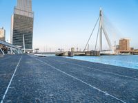 a walkway lined with brick bricks next to a body of water and tall buildings in the background