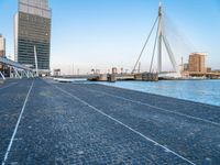 a walkway lined with brick bricks next to a body of water and tall buildings in the background