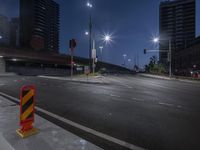 Cityscape at Night: Lit Skyscrapers and Traffic Lights