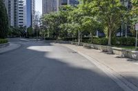 a car driving down an empty street lined with tall buildings and trees in the background