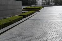 a large brick area next to a park in a city setting with buildings on either side