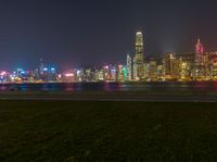 a night scene of the city skyline taken from the grassy field in front of the river