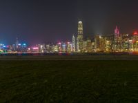 a night scene of the city skyline taken from the grassy field in front of the river