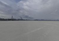 a long sandy beach has buildings in the distance and gray skies above the city and river