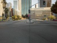 a empty intersection with several trees lining the street and a few tall buildings in the background