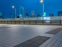 people standing on a subway platform with many buildings in the background at night light in tokyo