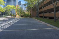 a paved area surrounded by tall buildings and trees with leaves on them, a paved road with a few benches and trees