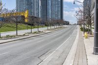 there is an empty street along the street with tall buildings behind it and trees lining the curb