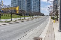 there is an empty street along the street with tall buildings behind it and trees lining the curb