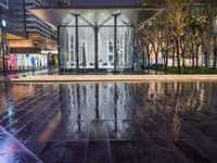 a very nice looking modern building in the city at night time in the rain near some trees