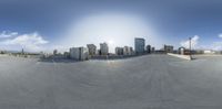 a reflection of a building from a fisheye lens of a cityscape taken through a fisheye lens