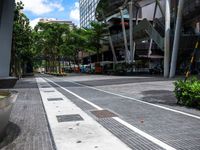 an image of a street that is surrounded by trees and buildings in the background there are two trees next to the road