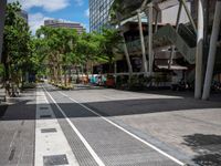 an image of a street that is surrounded by trees and buildings in the background there are two trees next to the road