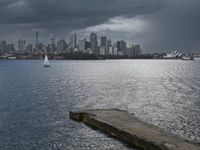 an empty bench is overlooking a large city on the water and on a cloudy day