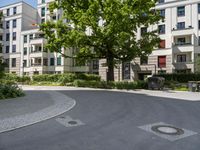 a paved area with a clock in the middle of it and lots of trees around it