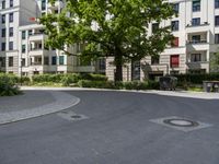 a paved area with a clock in the middle of it and lots of trees around it