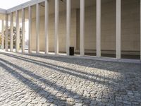 the shadow of pillars is casting light on the sidewalk and columns, with a brick floor and a wall that makes it appear to be an open