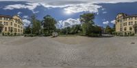 a view of several buildings on a sunny day in germany taken from a fish eye lens