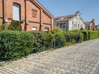 brick path with green bushes on the side and large brick building in back ground at center