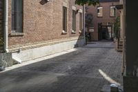 the brick walkways leading to the building have an arched window and light on them