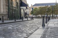 a cobble stone street with green gate post holders in front of buildings and cars