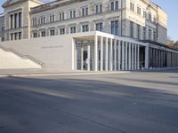 the large, empty sidewalk with multiple columns in front of the building with two signs
