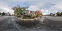 the intersection of a residential road and house with a tree in front of it with an artistic design