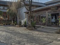 a man walks down a cobblestone street in front of a store with many plants