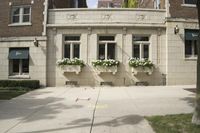a white building with flowers and plants on it's side walk next to a sidewalk
