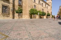 a man walks down a paved street past stone buildings and orange trees that sit on either side