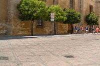 a man walks down a paved street past stone buildings and orange trees that sit on either side