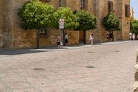 a man walks down a paved street past stone buildings and orange trees that sit on either side