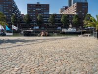 there are many boats in the harbor near the buildings by the water by some palm trees