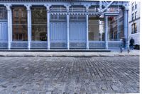 a red fire hydrant stands near the edge of a brick street in front of a blue building