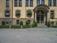 large yellow building with some plants and bushes in front of it for decoration or entertainment